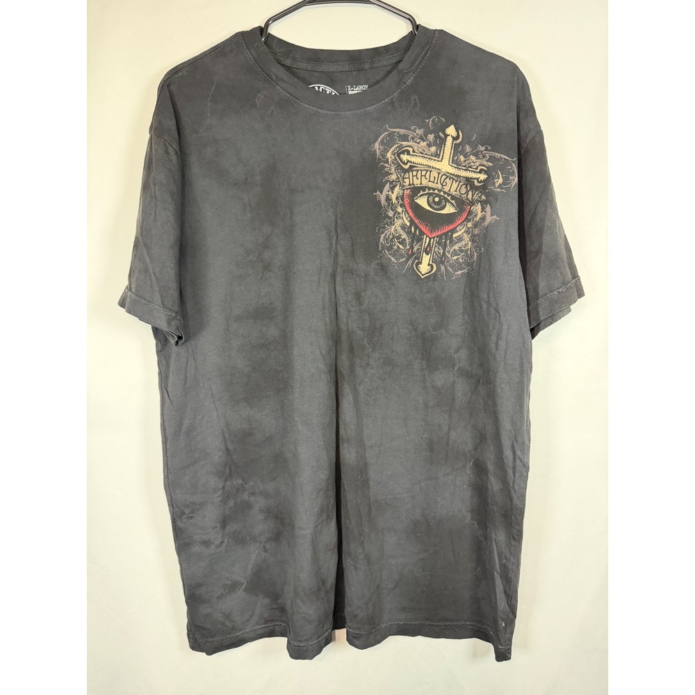 Affliction Live Fast Mens XL Black Acid Wash Crow Top Hat Graphic T-Shirt USA